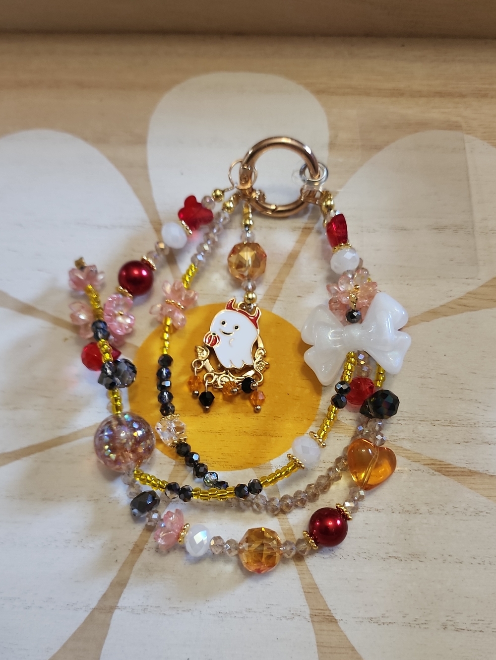 Cute Ghost Beaded Phone Charm with Gold Accents